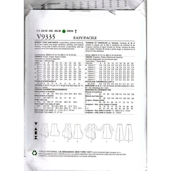 Vogue V9335 Misses 14 to 22 Tunic and Pants Uncut Sewing Pattern - Picture 2 of 2